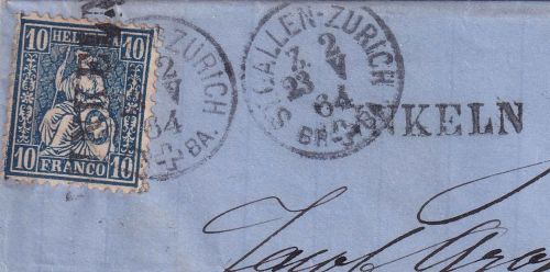 Schweiz - St. Gallen Zürich Z.2 1864 Bahnpost-K1 u. Stations-L1 Winkeln Bf.stück
