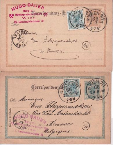 Österreich - Wien 1899/1900 2 Ganzsachen n. BELGIEN 2 versch. Währungen