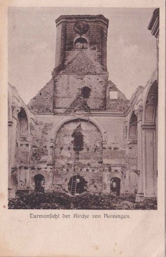 Frankreich/Elsass - Reiningen Reiningue zerstörte Kirche sw-AK ca. 1915