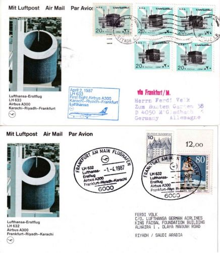 Saudiarabien/BRD - Lufthansa Erstflug Riyadh-FFM-Riyadh 1987 2 Luftpostkarten