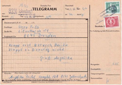 DDR - 2 M + 25 Pfg. Aufbau/Kleinformat Telegramm Johnsbach - Dresden 1986