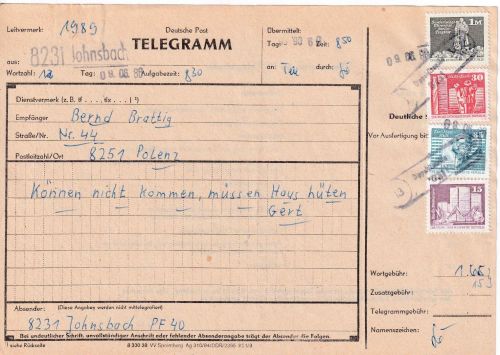 DDR - 1 M u.a. Aufbau/Kleinformat Telegramm Johnsbach - Dresden 1986