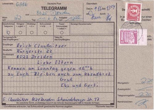 DDR - 2 M u.a. Aufbau/Kleinformat Ortstelegramm Dresden 1987