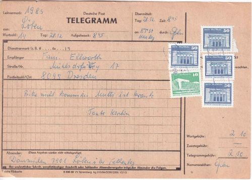 DDR - 4x50+10 Pfg. Aufbau/Kleinformat Telegramm Löben - Dresden