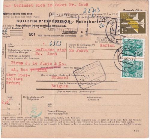 DDR - 1 DM Flugpostausgabe u.a. Paketkarte n-. BELGIEN Sömmerda - Brüssel 1962