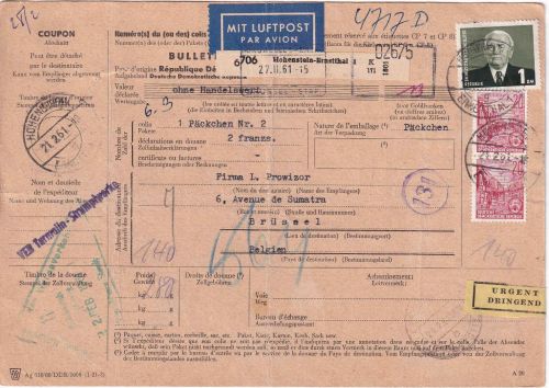 DDR - 1 M. Pieck u.a. Luftpost-Paketkarte n. BELGIEN Hohenstein-Ernstthal 1961