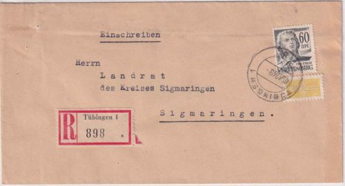 FZ/Württ. - 60 DPf. Schiller + Woba Einschreibebrief Tübingen - Sigmaringen 1949