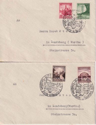 DR - Deutsches Turn- und Sportfest Breslau 1938 Satz auf 2 Briefen SST 31.7.38