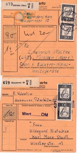 BRD - 30 Pfg. Bed. Deutsche MEF 2 Paketkarten/versch. Portostufen 1962