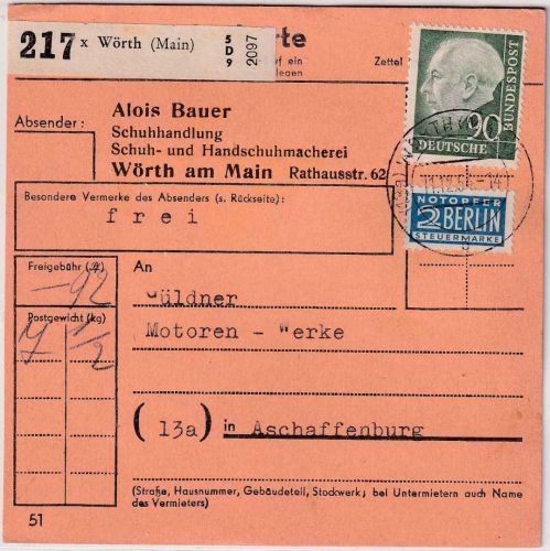 BRD - 90 Pfg. Heuss I + NO Paketkarte Wörth (Main) - Aschaffenburg 1954