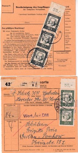 BRD - 70 Pfg. Bed. Deutsche Paar/3er-Streifen OBERRAND 2 Paketkarten 1962/63