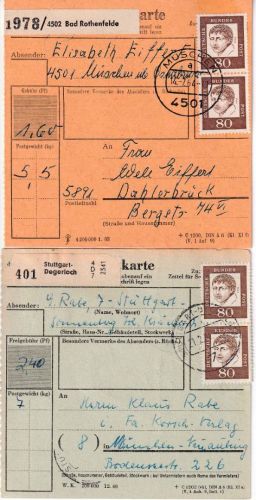 BRD - 80 Pfg. Bed. Deutsche 2 Paketkarten versch. Portostufen 1964