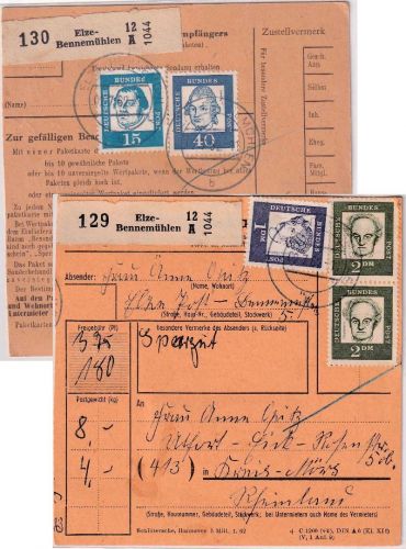 BRD - 2x2+1 DM u.a. Bed. Deutsche Paketkarte/Sperrgut Elze-Bennemühlen 1962