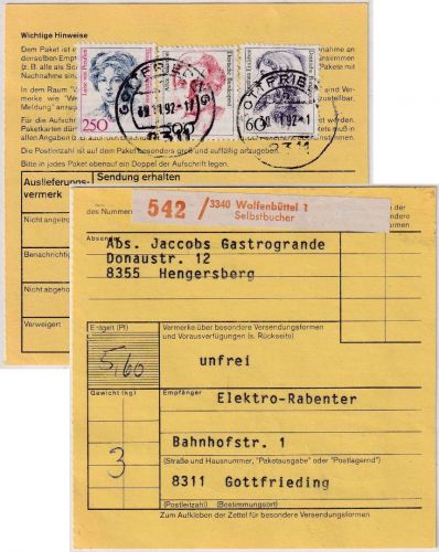 BRD - 500+250+60 Pfg. Frauen unfreies Paket Wolfenbüttel - Gottfrieding 1992