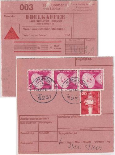 BRD - 3x50+1x20 Pfg. I&T Nachnahme-Paketkarte Bremen - Reisbitzen 1979
