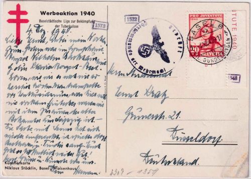Schweiz - 20 C. Juventute Bogenecke Zensurkarte Basel - Düsseldof 1940