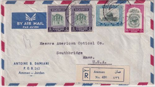 Jordanien - 50 F. Flugpostausgabe u.a. Luftpost-Einschreiben n. USA Amman 1954
