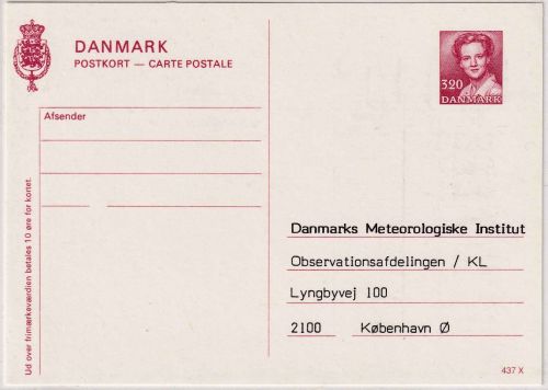 Dänemark - 3,20 Kr. Ganzsache Dienstpostkarte Meteorologisches Institut 1989