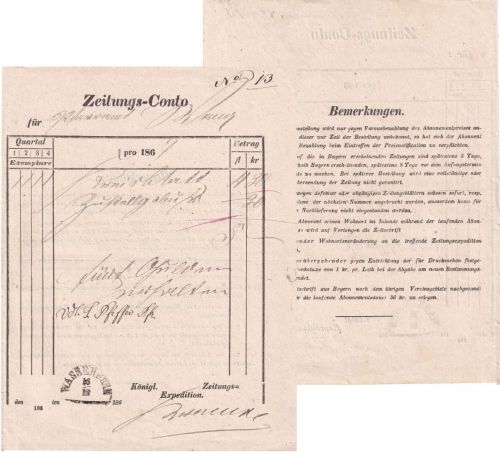 Bayern - Wasserburg 16/12 (1867) Formular "Zeitungs-Konto"