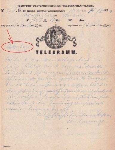 Bayern - Wasserburg 1872 Telegramm n. Neuburg a.D. "Antw(ort) bez(ahlt)" !