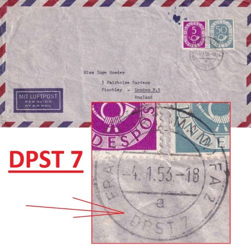 BRD - 50+5 Pfg. Posthorn Frankfurt a.M. FA2 DPST7 Luftpostbrief n. USA 4.1.53