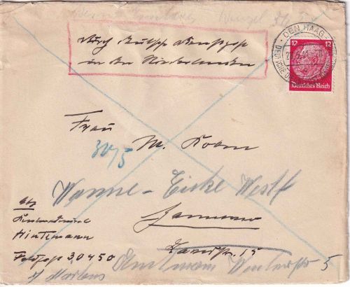 DDP Niederlande - 12 Pfg. Hindenburg Brief Fp.Nr. 30450 Den Haag Hannover 1941