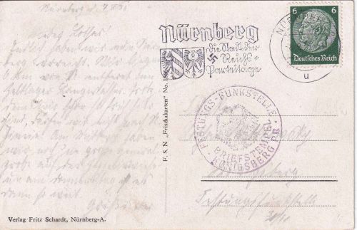 DR - Festungs-Funkstelle Königsberg Briefstempel/Ank.stpl. Karte v Nürnberg 1936