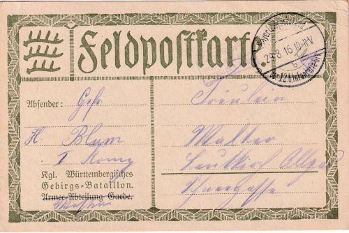 Bayern - K.Bayer. Feldpost-Exped. 12. b. ID Feldpostkarte württ. Gebirgs-Btl.