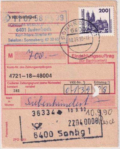 DDR/VGO - 200 Pfg. u.a. Freimarken Einzahlungsauftrag Sonneberg 10.9.90