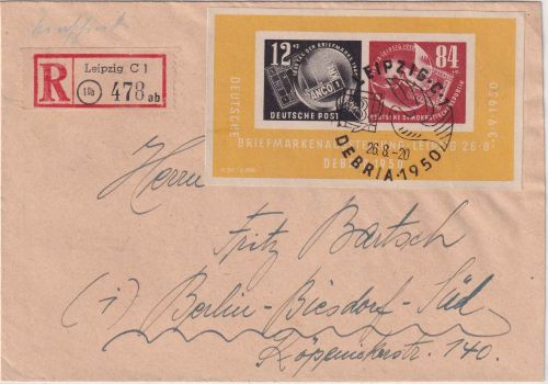 DDR - Debria 1950 Blockausgabe Einschreibebrief/FDC ESST Leipzig Berlin 26.8.50