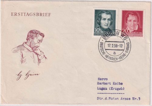DDR - 100. Todestag Heinrich Heine Schmuck-FDC ESST Berlin 17.2.56