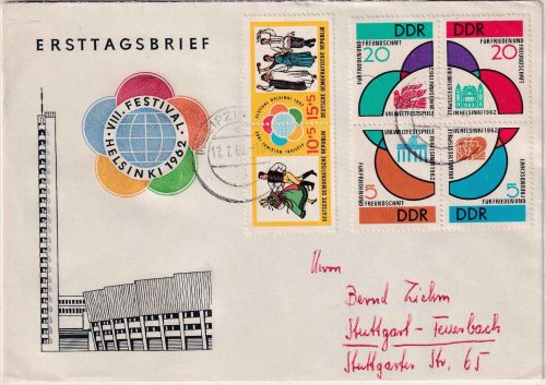 DDR - Weltfestspiele Jugend Helsinki I+II 1962 Schmuck-FDC Leipzig 17.2.56