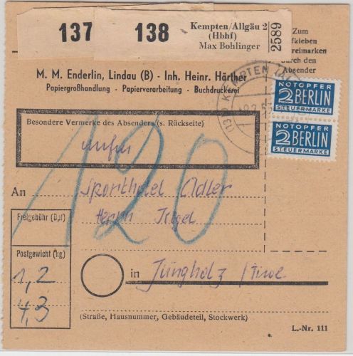 BRD - Kempten 2 Hbhf 1953 Unfreie Paketkarte n. Jungholz (!), 120 Pfg. Nachporto
