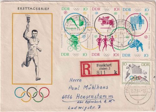 DDR - Olympiade Tokyo 1964 Zusammendruck Schmuck-FDC/R-Brief Frankfurt/O. 15.764
