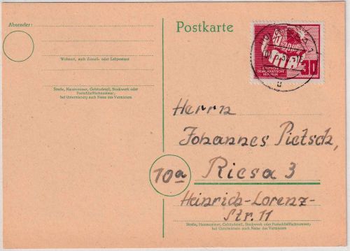 DDR - 60 Jahre 1. Mai Karte/FDC adressiert als Ortskarte Riesa 1.5.50