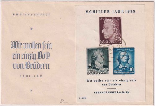 DDR - Schiller-Jahr 1955 Blockausgabe Schmuck-FDC ESST Berlin 30.4.55