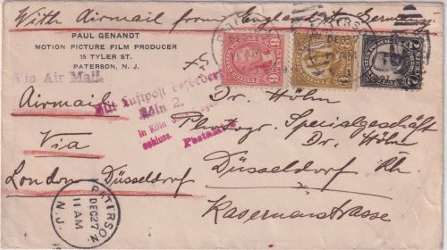 USA - 7+8+9 C Präsidenten Paterson 1927 Luftpostbrief (Teilstrecke !) via London