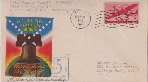 USA - APO 942 (Anchorage) illustr. Feldpostbrief n. College Park 1942 US-Zensur