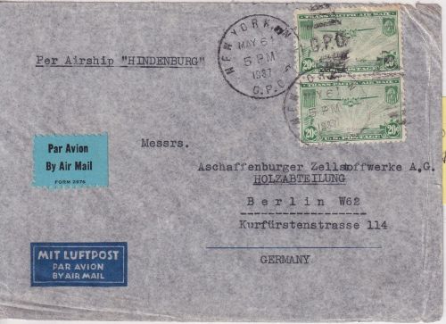 USA - Zeppelin LZ 129 Hindenburg vorges. Rückflugpost New York 6. MAI 1937