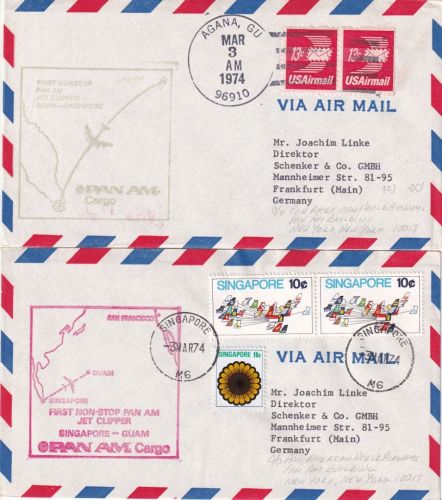 USA/Singapore - PanAm Cargo Firstflight Singapore Guam Hin-/Rückflug 1974
