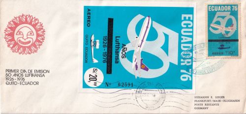 Ecuador - 50 J. Lufthansa Ecuador-Alemania Blockausgabe u.a. Lupo-Brief 1976