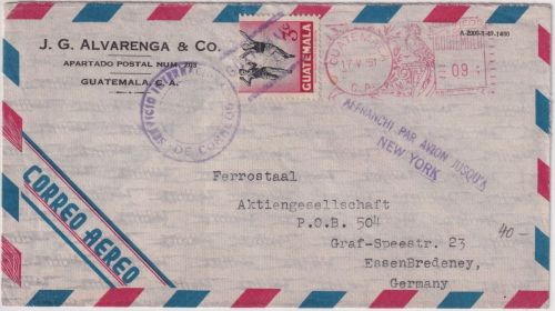 Guatemala - 9 C. PFS + 3 C. Halbierung (?) Luftpostbrief n. Essen 1951