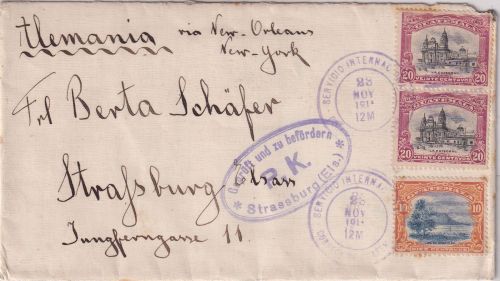 Guatemala - 2x20+10 C. Freimarken Zensurbrief n. Straßburg 23.11.14