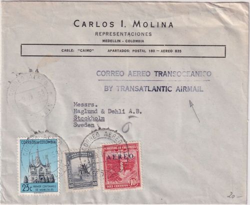 Kolumbien - 23 C. Kathedrale Manizales u.a. Luftpostbrief Medellin 1953