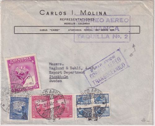 Kolumbien - 3 C. 75 J. UPU u.a. Luftpostbrief n. SCHWEDEN Medellin 1953