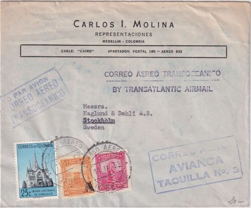Kolumbien - 3 C. 75 J. UPU u.a. Luftpostbrief n. SCHWEDEN Medellin 1953