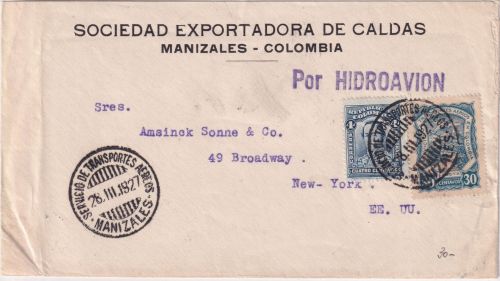 Kolumbien - 30 C. Scadta ua Luftpostbrief "Por Hidroavion" n. USA Manizales 1927