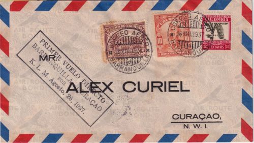Kolumbien - KLM Erstflug Baranquilla - Curacao 26. Aug. 1937 Luftpostbrief