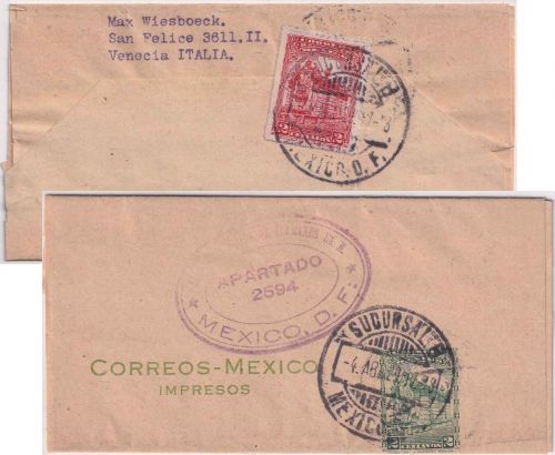Mexiko - 2 C. Ganzsache/Streifband+Zusatz n. ITALIEN 1929