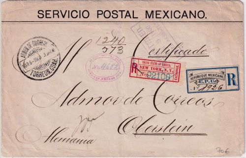 Mexiko - Torreon 1900 Einschreiben-Postsache via USA n. Oberstein